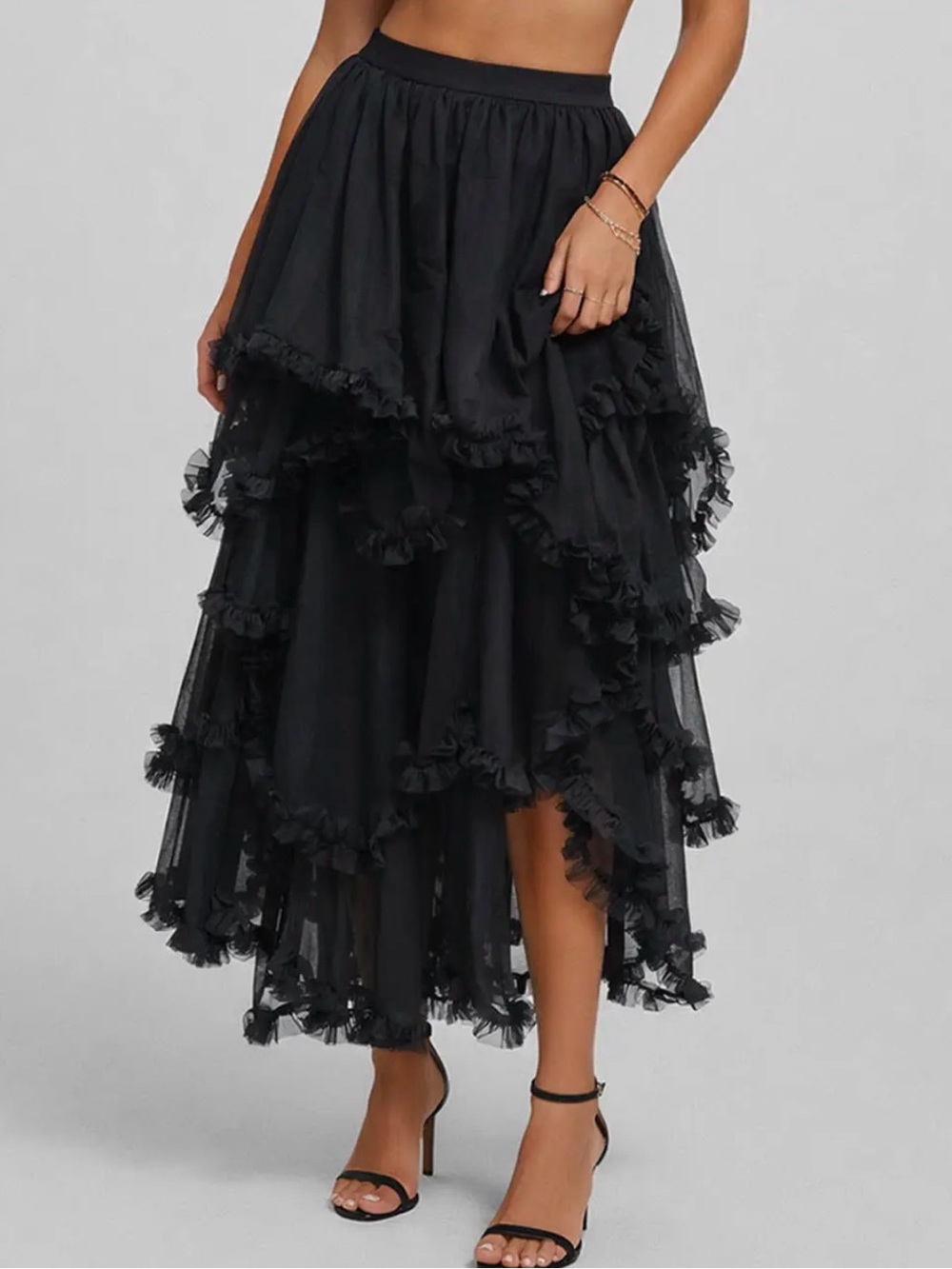Elegant Black Tiered Ruffle Maxi Skirt | SM159